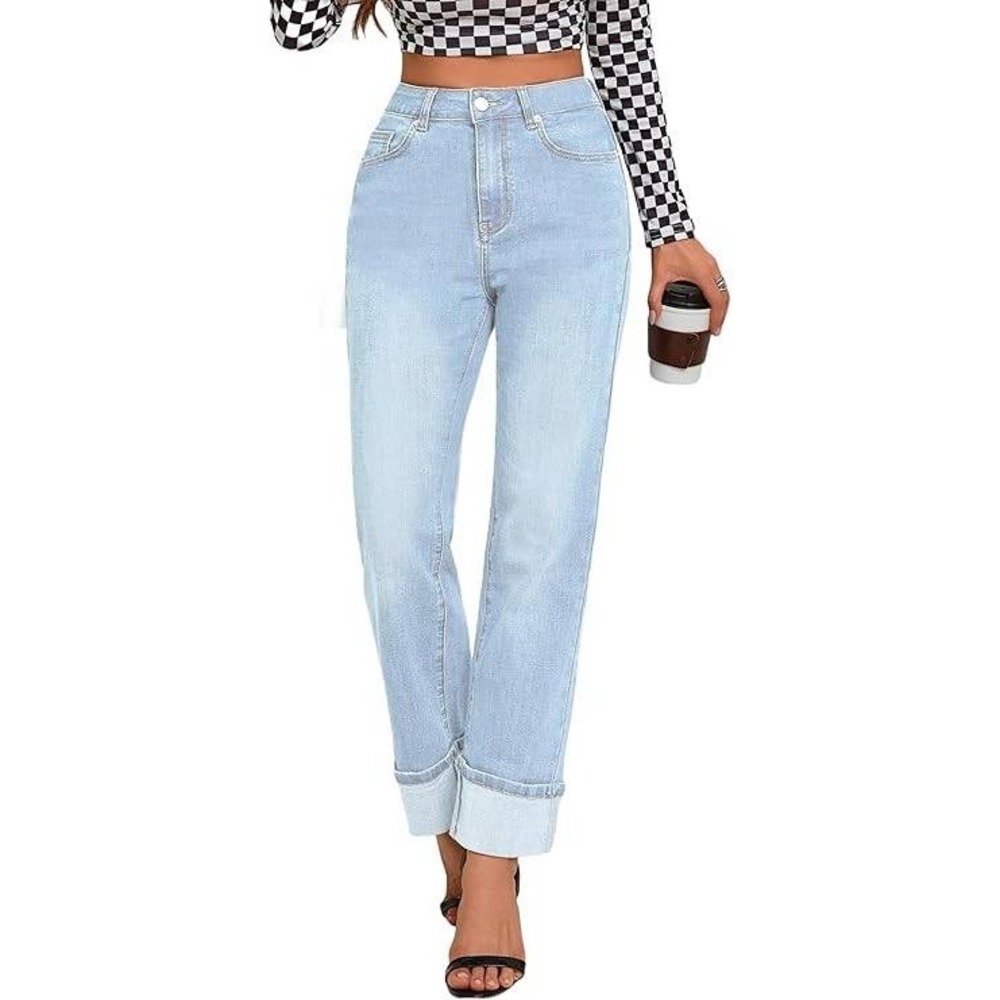 Ettelo Denim Collection‎ Light Blue High Waisted Cuffed Crop Jeans Size 10